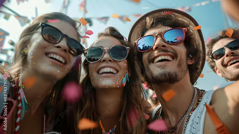 Group of friends taking a selfie at a summer music concert festival Group of friends taking a selfie at a summer music concert festival