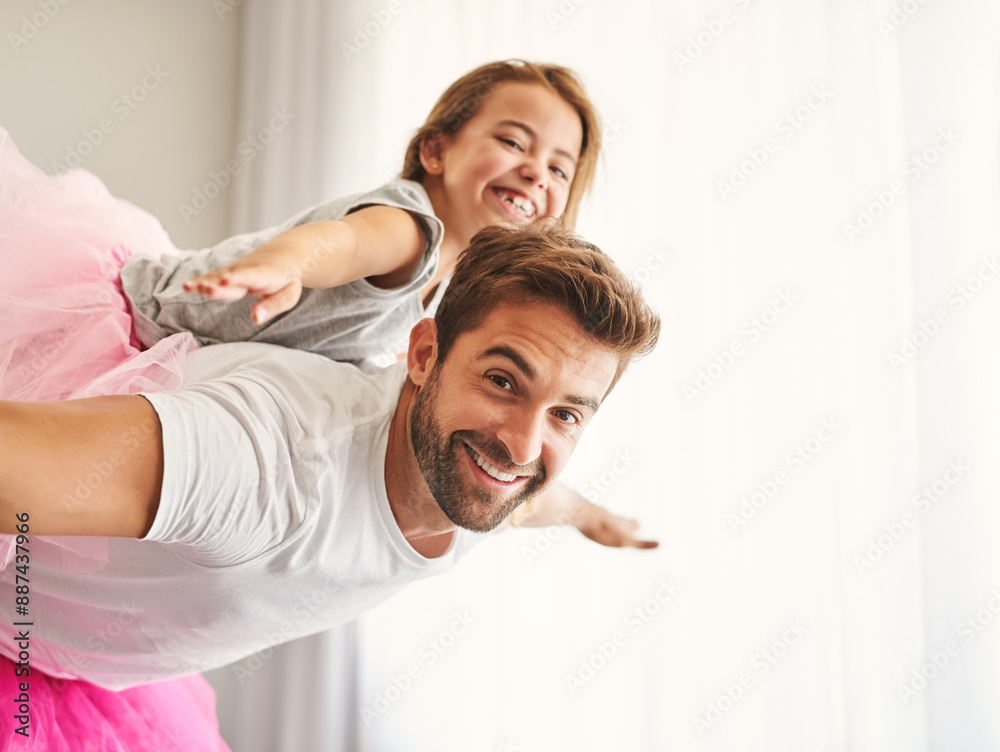 Man, girl and airplane in happy house for portrait, father and daughter in family home or smile for fun game. Child development, dress up and tutu for bonding and imaginary play, care and together Man, girl and airplane in happy house for portrait, father and daughter in family home or smile for fun game. Child development, dress up and tutu for bonding and imaginary play, care and together