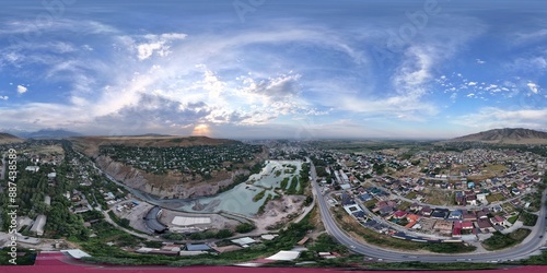 Aerial 360 view of Bishkek cityscape with residential and industrial areas