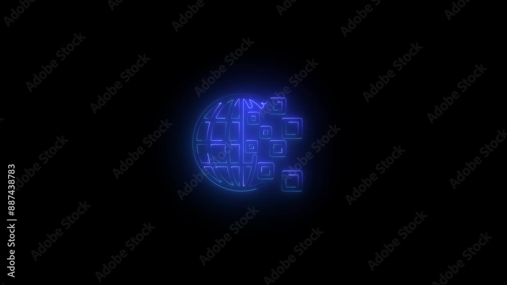 Abstract neon shine globe icon animation .The globe icon depicts a simplified representation of the Earth, typically shown as a sphere with continents and oceans.