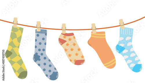 Socks on a rope, drying cotton socks on a rope, kids socks with textures and patterns, illustration of cotton products