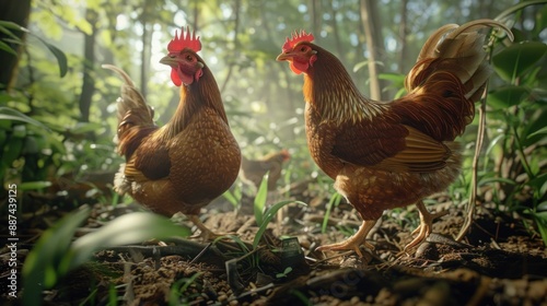 Two chickens laying eggs in the plantation © putri syakilla