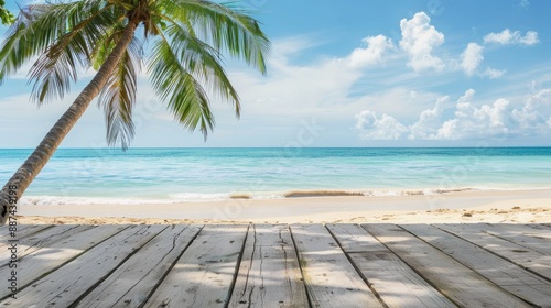 Wooden tropical beach background with palm tree in summer