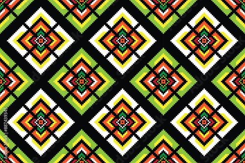 Fabric pixel abstract geometric pattern Thai stye design for clothing, fabric, background, wallpaper, wrapping, batik. Knitwear, Embroidery style. Aztec geometric art ornament print.