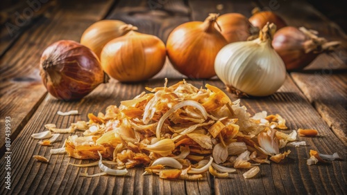 Freshly chopped pile of caramelized onions against rustic wooden background with scattered onion peels and earthy tone lighting. photo