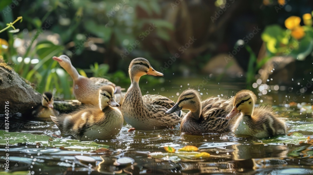 Obraz premium a group of ducklings swimming in the river