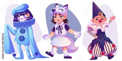 Happy smiling and dancing little kids in carnival costumes. Cartoon vector illustration set of cute children in masquerade suit of pierrot, white fox or dog and jester for kindergarten cosplay theater