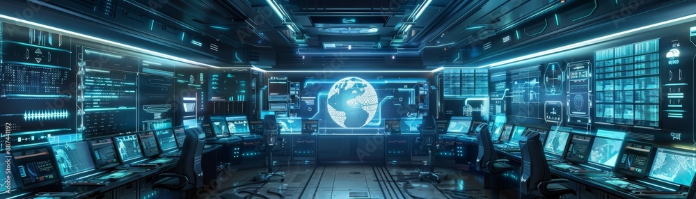 Futuristic High-Tech Control Room at Oil Refinery with Holographic Displays and Sleek Design Futuristic High-Tech Control Room at Oil Refinery with Holographic Displays and Sleek Design
