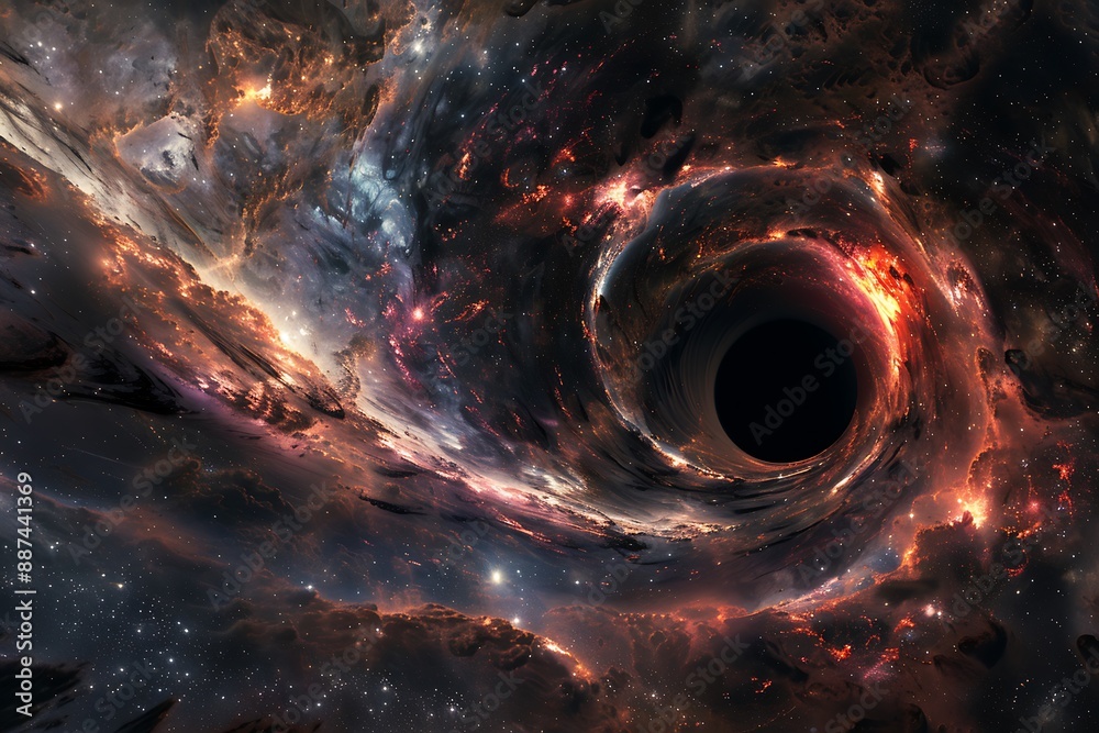 Hyper-realistic artistic rendering of a supermassive black hole surrounded by an intense, swirling accretion disk. Astronomical illustration
