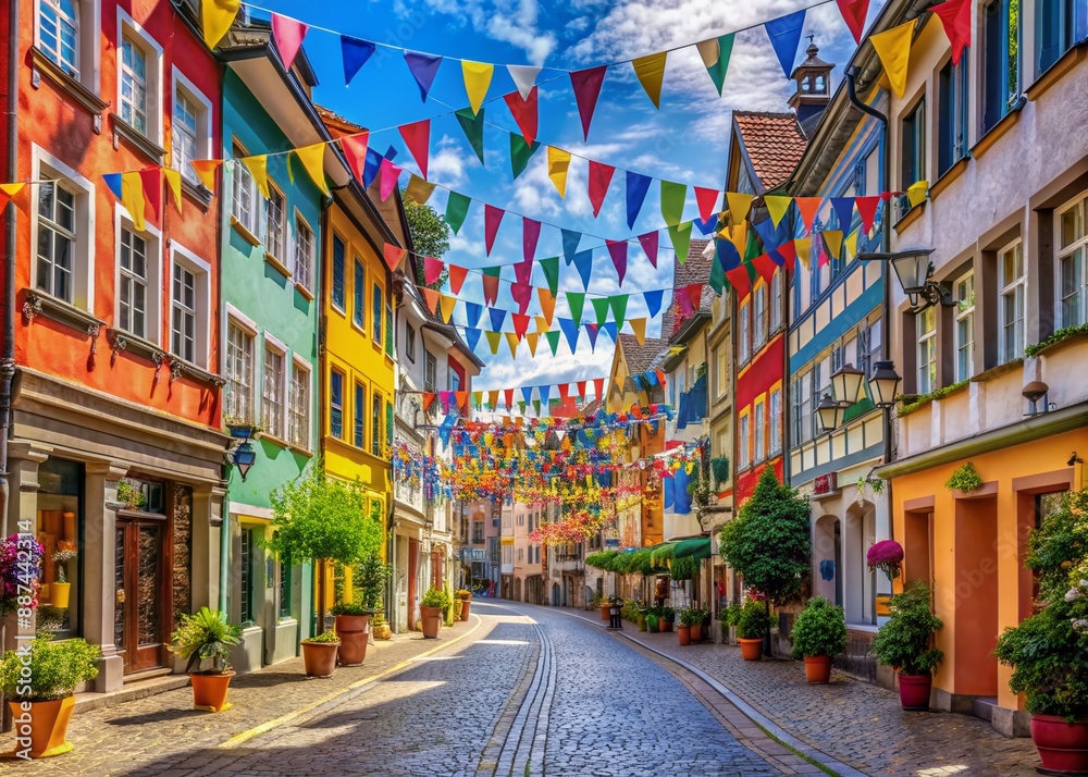 Fototapeta premium Vibrant street scene featuring rows of historic buildings adorned with a kaleidoscope of colorful flags, adding a festive atmosphere to the charming cityscape.