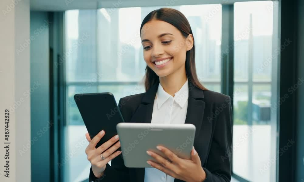 Female Data Analyst Smiling While Checking New Data Female Data Analyst Smiling While Checking New Data