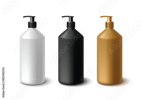 Plastic bottle mockup with pump cap. Black, white and brown package for skincare and makeup cosmetic product branding. Realistic 3d vector template of liquid soap or lotion container with dispenser.
