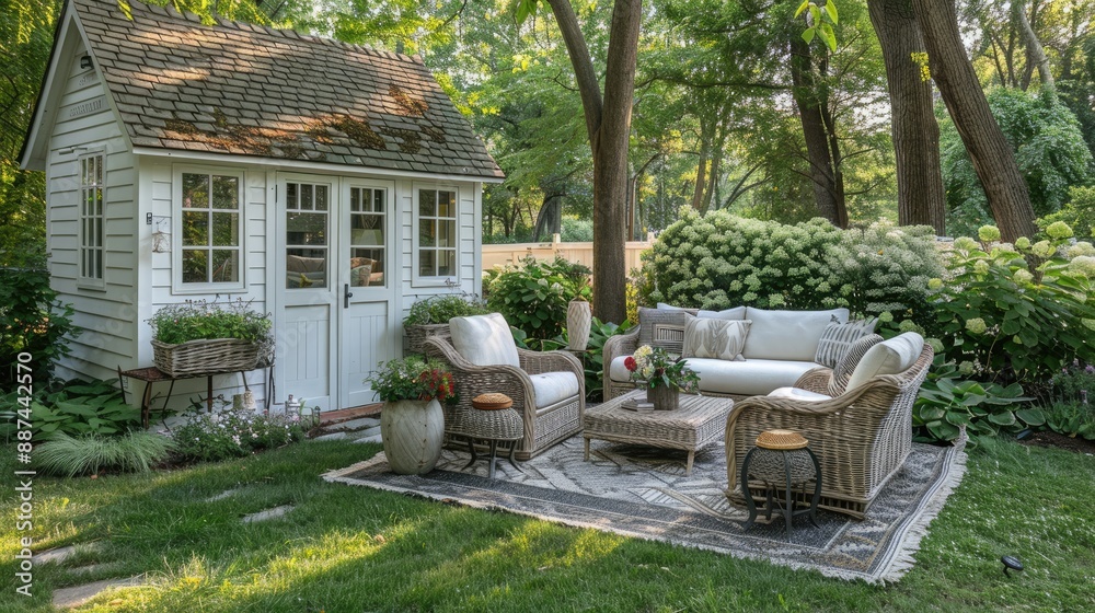 Cozy outdoor garden seating area with wicker furniture. Cozy outdoor garden seating area with wicker furniture.