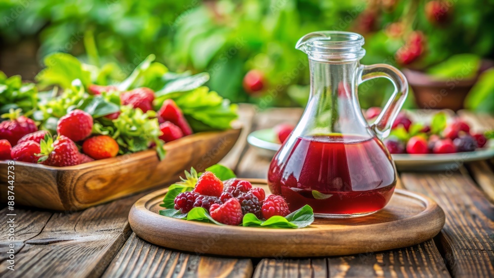 Vibrant still life of raspberry vinegar vinaigrette in glass cruet on wooden table surrounded by fresh berries and salad plate. Vibrant still life of raspberry vinegar vinaigrette in glass cruet on wooden table surrounded by fresh berries and salad plate.