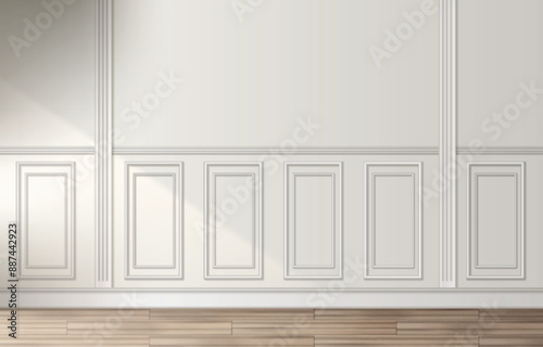 Room interior with white classic wall panel and wooden floor. Light background with luxury elegant molding frames. Realistic 3d vector illustration of home or office design with moulding and parquet