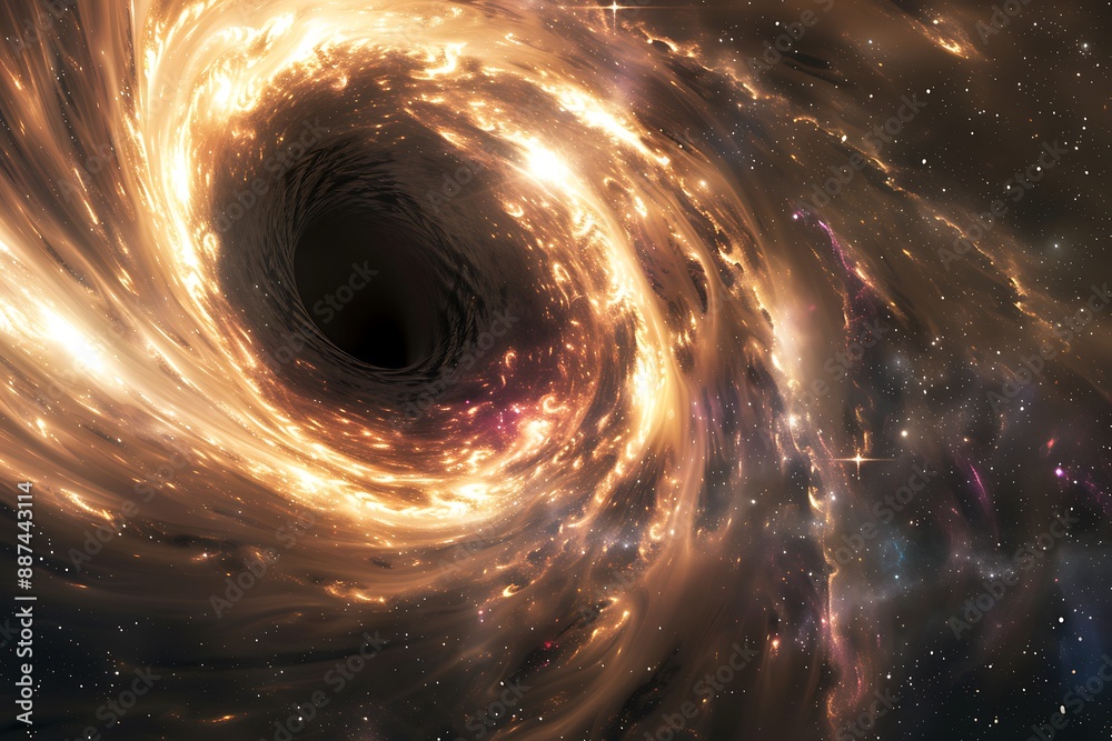 Dynamic and visually striking illustration of a black hole surrounded by a luminous, swirling accretion disk. Astronomical artwork Dynamic and visually striking illustration of a black hole surrounded by a luminous, swirling accretion disk. Astronomical artwork