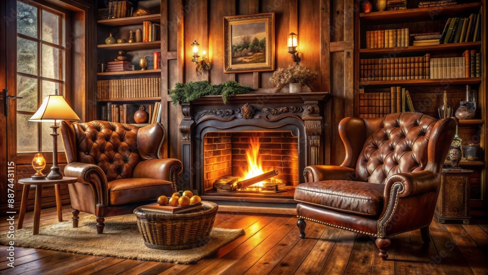 Cozy lounge with plush velvet armchair, warm golden lighting, and crackling log fire illuminating rich wood paneling and rustic decor.