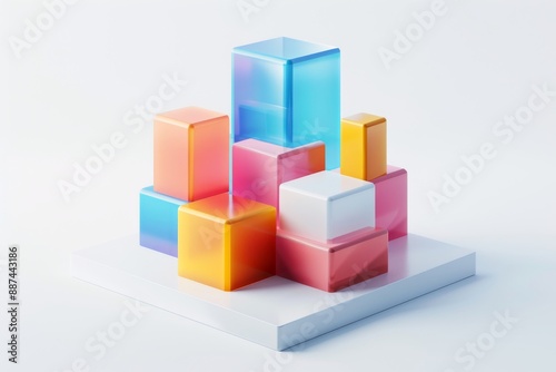 Abstract Futuristic 3D Render Minimalistic Style with Floating Geometric Shapes Isometric Design, Light Color Theme, Bright Background, and Soft Lighting