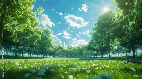 imaginery place, a bright green park with some trees, a bright blue clear sky, summer vibe, sunny, surrealism, grass field at the bottom, a sky covering more than two-thirds of the image, high-quality photo