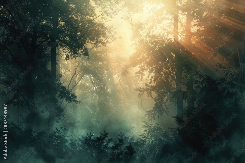 A sunny day in a dense forest with sunlight peeking through the tree canopy A sunny day in a dense forest with sunlight peeking through the tree canopy