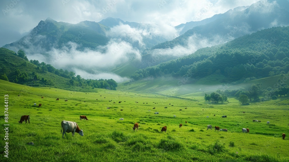 Obraz premium Peaceful Farm Scene with Cows Grazing and Chickens Pecking