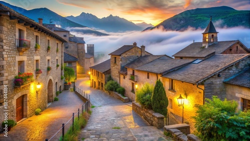 Serene misty morning in picturesque Biescas village, surrounded by lush green mountains and ancient stone buildings, Pyrenees, Huesca, Spain. photo