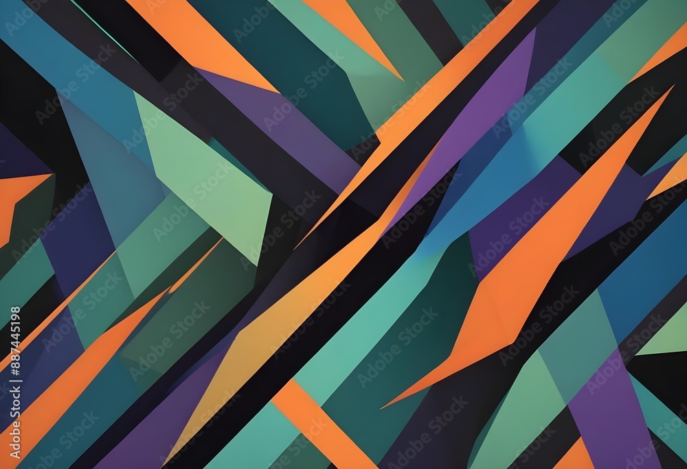 Colorful abstract geometric pattern with overlapping diagonal shapes in various vibrant colors including orange, green, blue, purple, and black Colorful abstract geometric pattern with overlapping diagonal shapes in various vibrant colors including orange, green, blue, purple, and black
