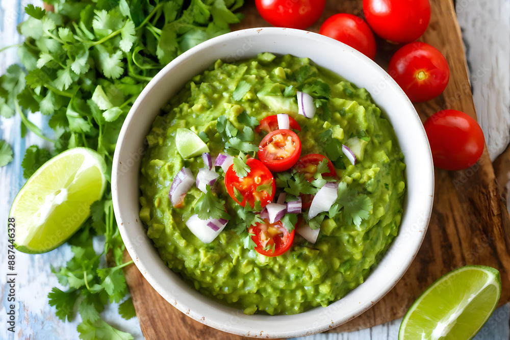 A top view of a rustic wooden table featuring a bowl of vibrant green guacamole. The dip is garnished with ripe tomatoes, lime wedges, and fresh cilantro. Perfect for healthy snacking or parties A top view of a rustic wooden table featuring a bowl of vibrant green guacamole. The dip is garnished with ripe tomatoes, lime wedges, and fresh cilantro. Perfect for healthy snacking or parties