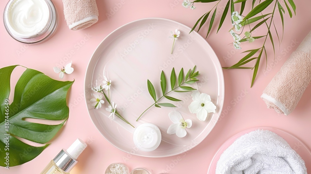 Spa treatment with organic skincare items on a pink plate Spa treatment with organic skincare items on a pink plate