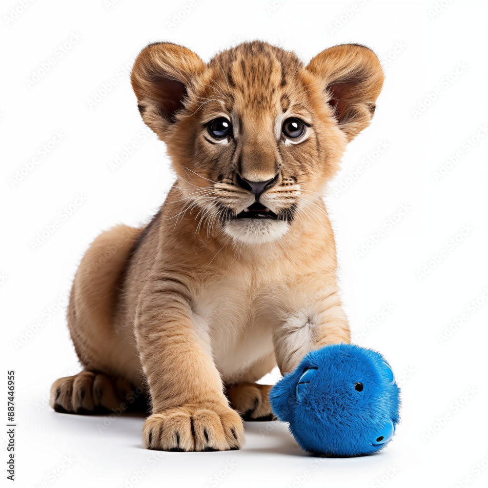 Obraz premium Charming Lion Cub With A Blue Plush Toy, Isolated On A White Background, Highlighting The Playful Nature Of Young Wildlife