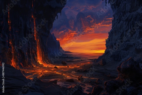 Molten Lava Landscape with Rocky Cliffs and Sunset photo