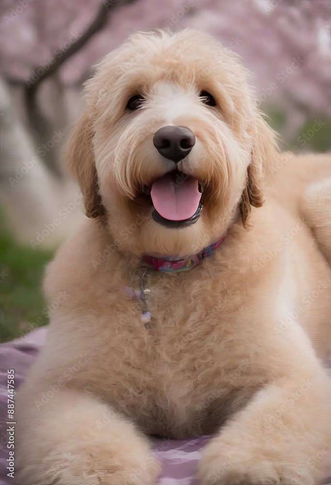 A Goldendoodle resting under a canopy of cherry blossoms in full bloom. A Goldendoodle resting under a canopy of cherry blossoms in full bloom.