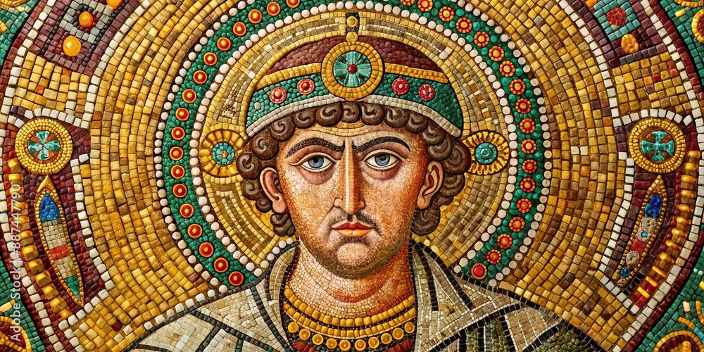 Obraz premium Vibrant Byzantine art mosaic of Justinian I, isolated on a transparent background, showcasing intricate gold and glass tiles, ornate borders, and regal imperial symbols.
