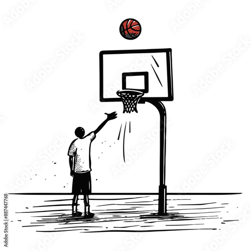 Basketball Player Shooting at the Hoop. Black and white vector illustration.