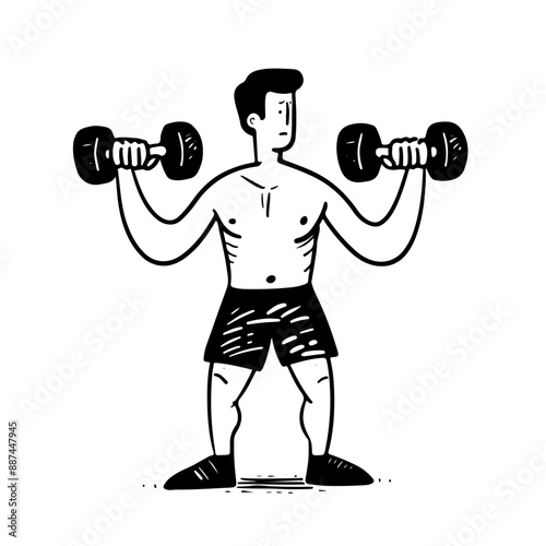 Fitness exercises. A man exercises with dumbbells. Black and white illustration.