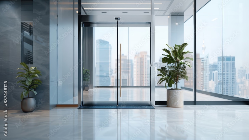 A modern security door with a fingerprint scanner guards a high-tech office building. A modern security door with a fingerprint scanner guards a high-tech office building.