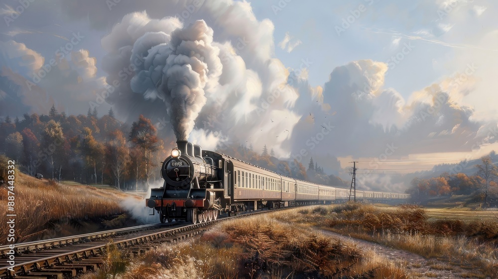 Obraz premium A vintage postcard depicting a steam train traveling through the countryside.