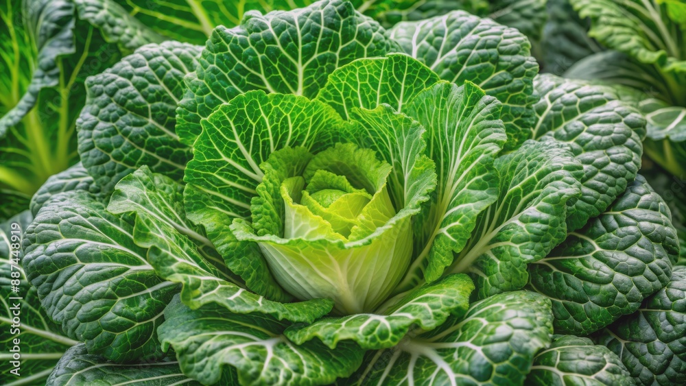 Fototapeta premium Vibrant green blooming arrow of Chinese cabbage with delicate white florets unfolding from crunchy emerald green tightly packed leaves.
