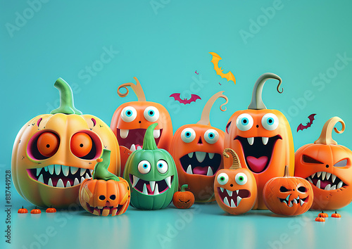 Halloween pumpkin characters, 3D isometric render, animated fun photo