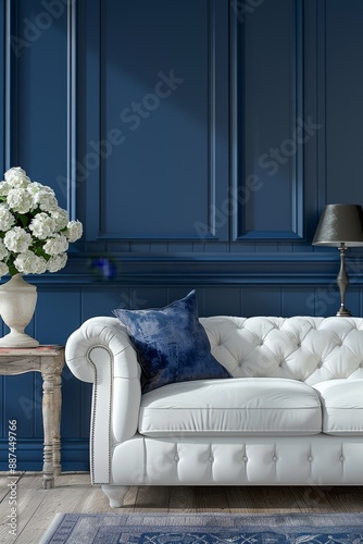 A modern interior design mockup featuring a white sofa against a dark blue wall with wainscoting photo