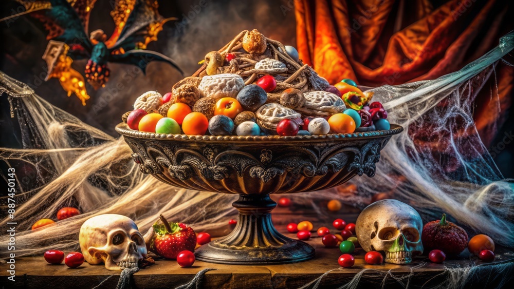 Naklejka premium Highly detailed, eerily lit, intricately carved, sugar-encrusted, Victorian-style candy bowl overflowing with ghoulish treats on a velvet-draped altar.