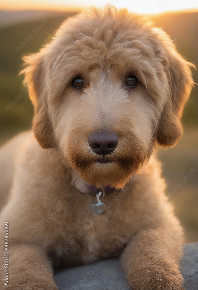A Goldendoodle with a bright-eyed expression, watching a sunset from a hill. A Goldendoodle with a bright-eyed expression, watching a sunset from a hill.