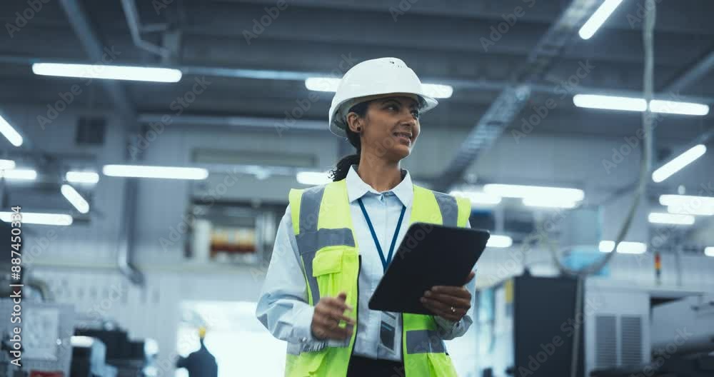 Portrait of a Latin Female Worker in a White Hard Hat Walking Through a Modern, Well-lit Factory, Inspecting Advanced Industrial Machinery, Checking Equipment, Overviewing Production