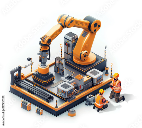 technician install yellow robot arm in high tech factory industry concept isometric view isolate on white background