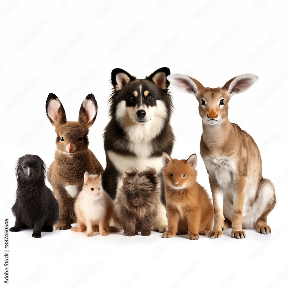 Group Of Diverse Animals Including Rabbit, Dog, And Bird On White Background Group Of Diverse Animals Including Rabbit, Dog, And Bird On White Background