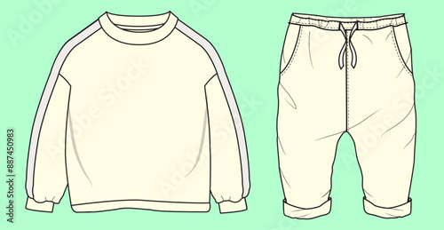 baby unisex terry fleece drop shoulder sweatshirt and jogger tracksuit fashion illustration flat sketch vector. 