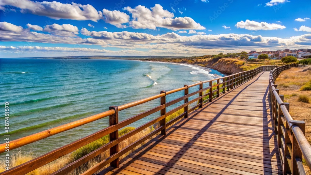 Obraz premium Serene waterfront boardwalk with tranquil Patagonian Sea views, rustic wooden railings, and picturesque Chubut Province coastal landscape scenery.