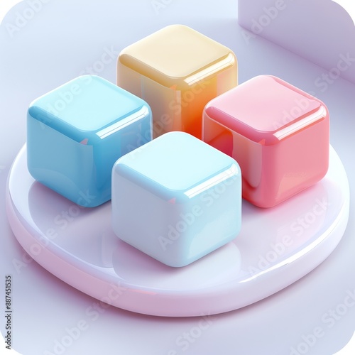 Abstract Futuristic 3D Render Minimalistic Style with Floating Geometric Shapes Isometric Design, Light Color Theme, Bright Background, and Soft Lighting