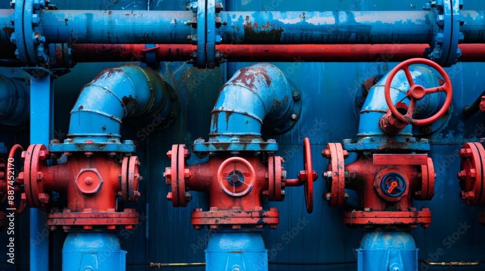 Close-up shot of red industrial valves connected to blue pipes, with rust and wear showing age, against a blue metal backdrop Close-up shot of red industrial valves connected to blue pipes, with rust and wear showing age, against a blue metal backdrop