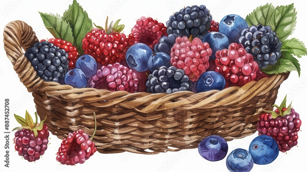 custom made wallpaper toronto digitalAssorted berries in a basket, food element, handdrawn illustration, warm colors, isolated on white background